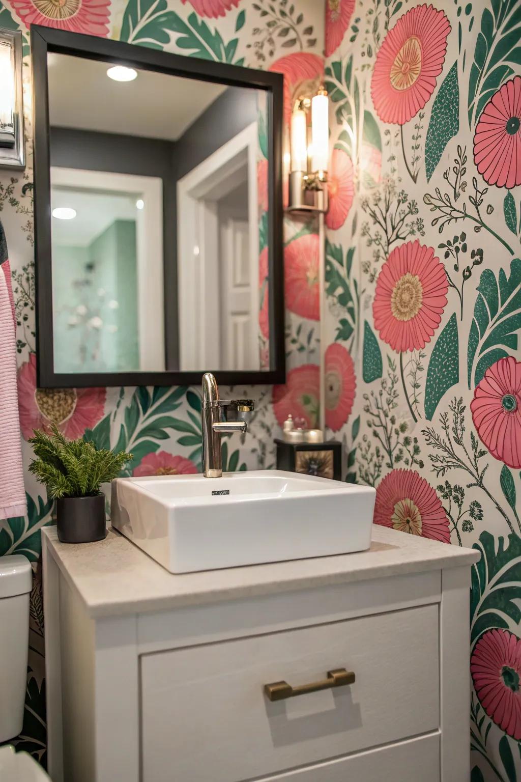 A vibrant floral wallpaper enlivens this powder room.