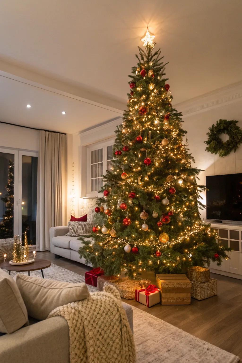 A majestic Christmas tree is the focal point in this cheerful living space.