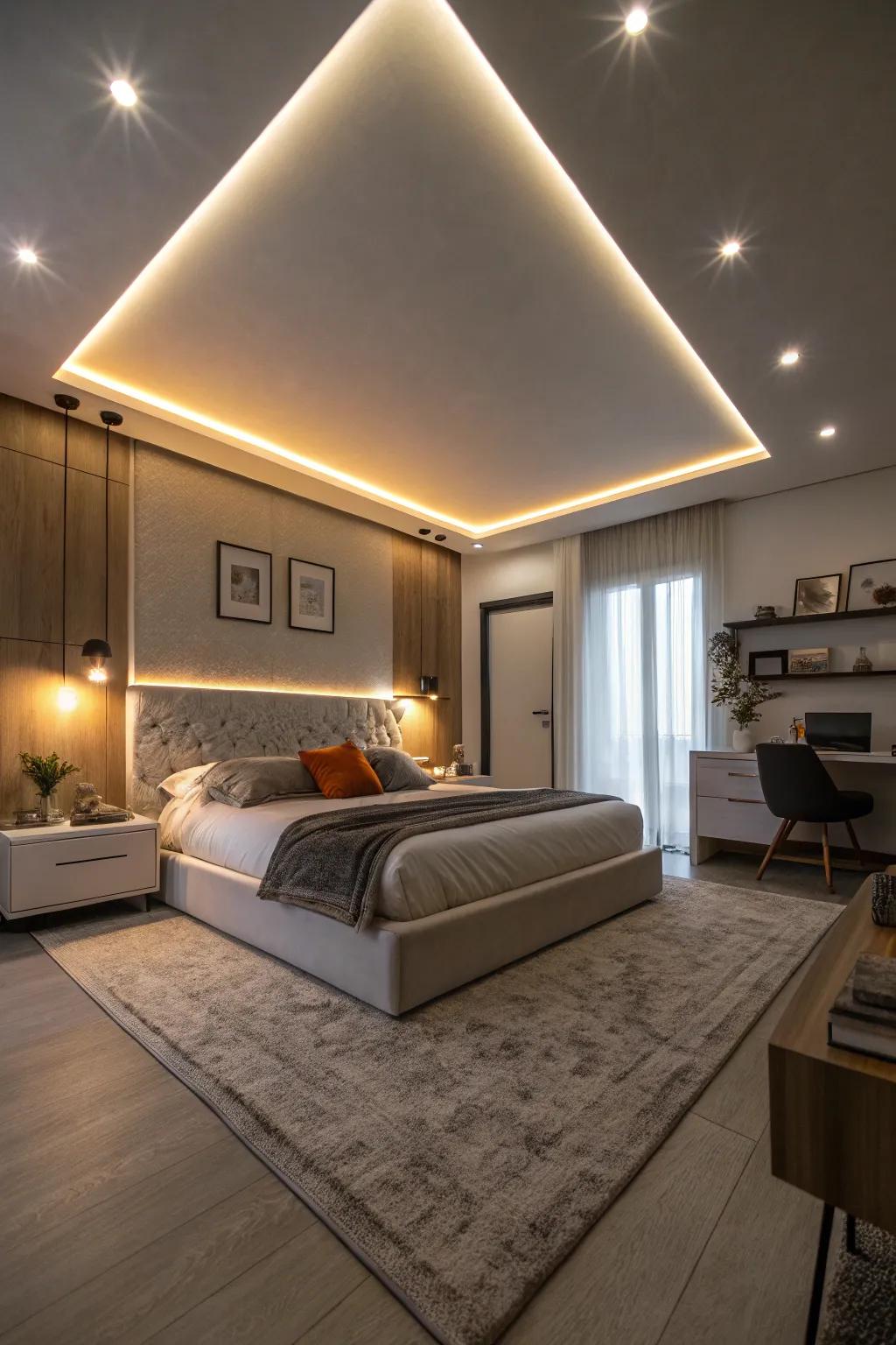 LED ribbon lights beautifully accentuating the bed and ceiling, introducing a modern flair.