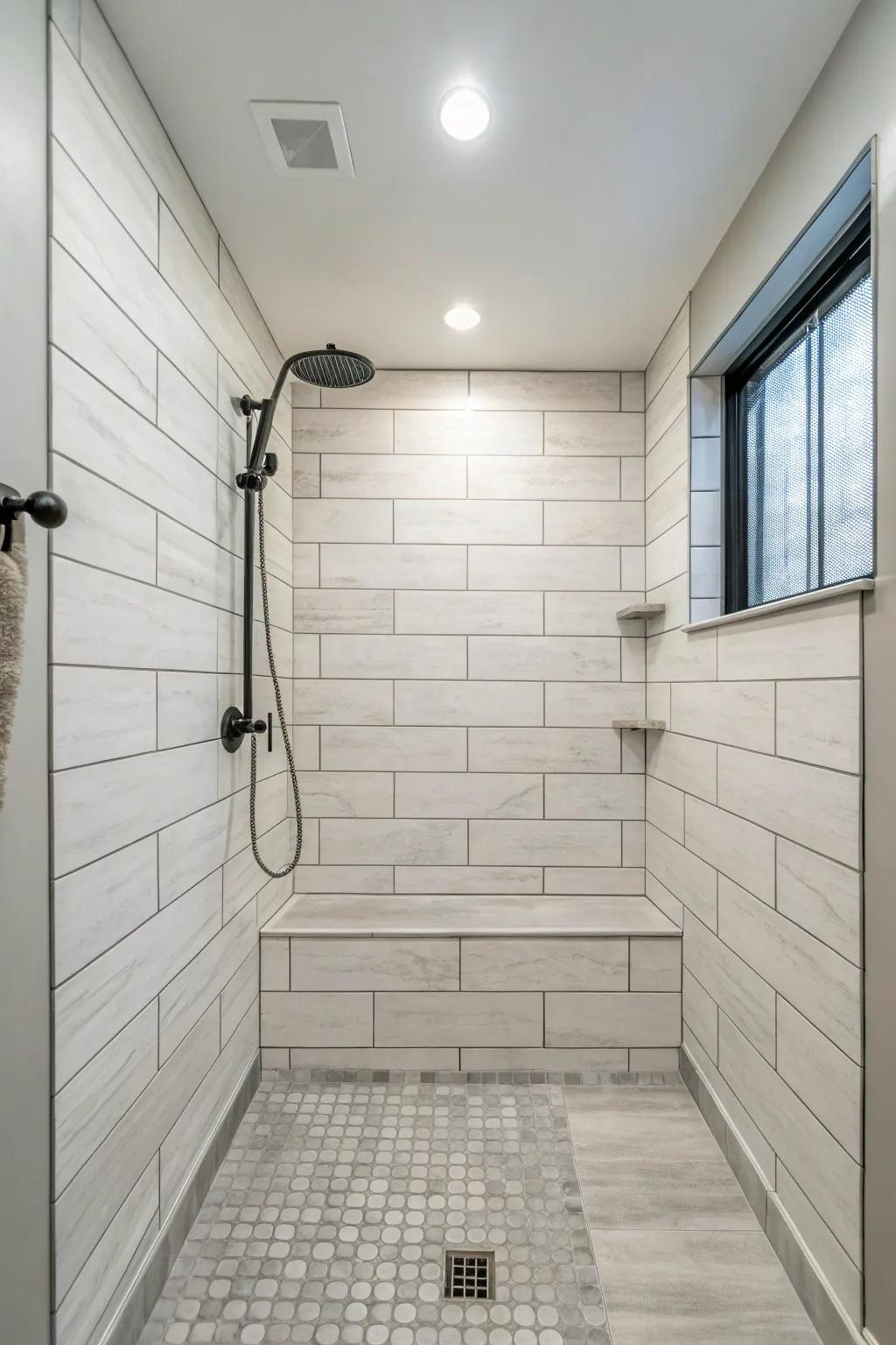 A classic stacked layout provides a chic, modern shower ambiance.