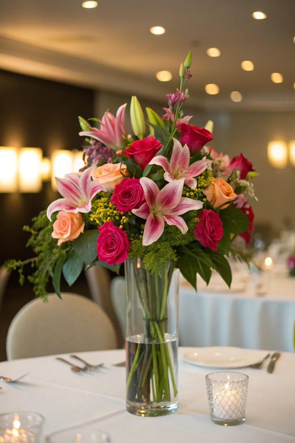 An elegant floral centerpiece adds a touch of class to an 18th birthday party.