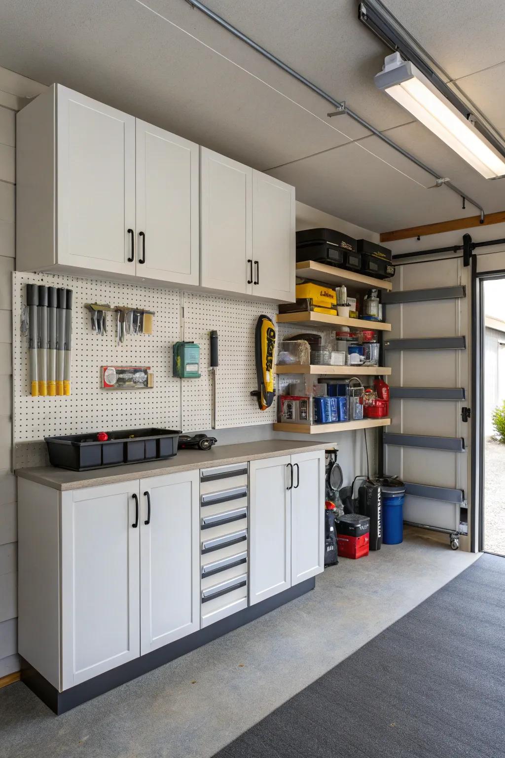 Your garage is kept tidy and spacious by wall storage options.