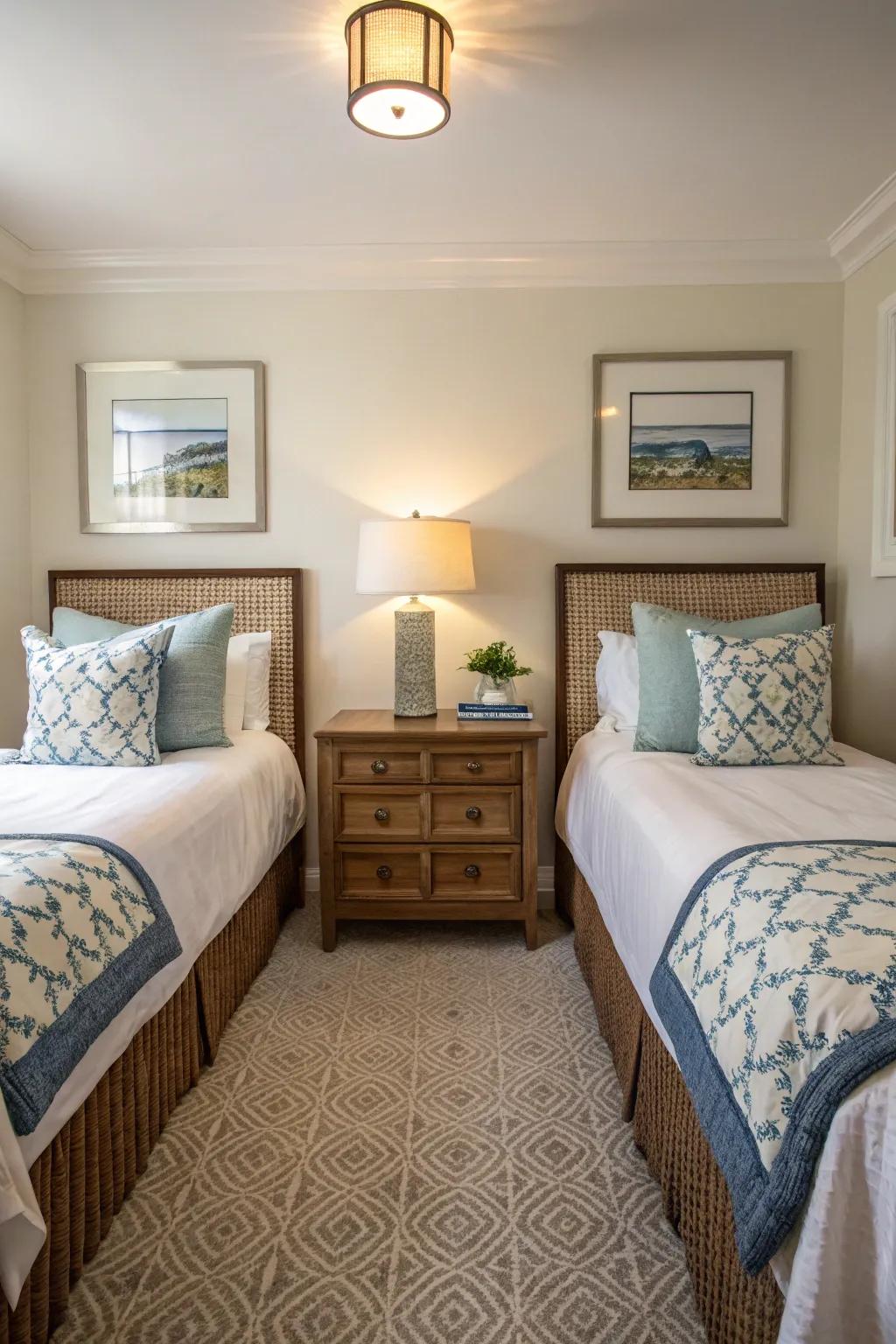 Symmetrical arrangement featuring a shared nightstand.