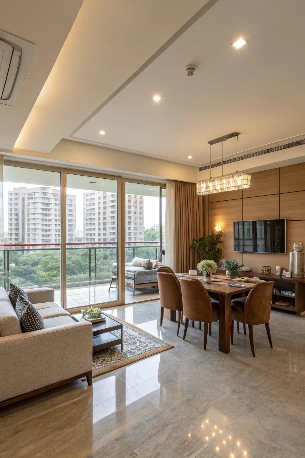 Open layouts smoothly integrate dining and living areas.