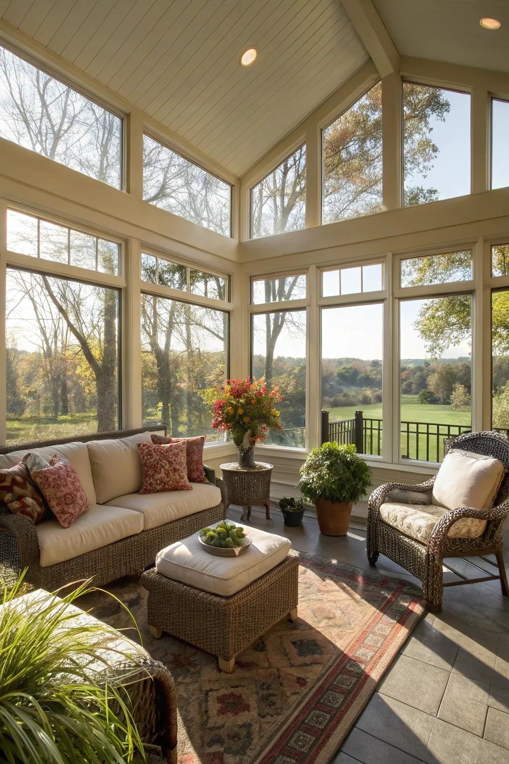 Radiant and airy porch boasting expansive windows.
