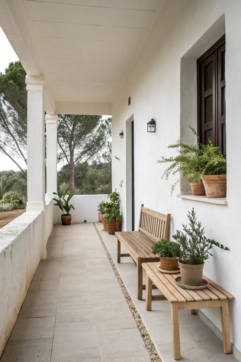 A minimalist front porch design evokes a modern and tranquil atmosphere.