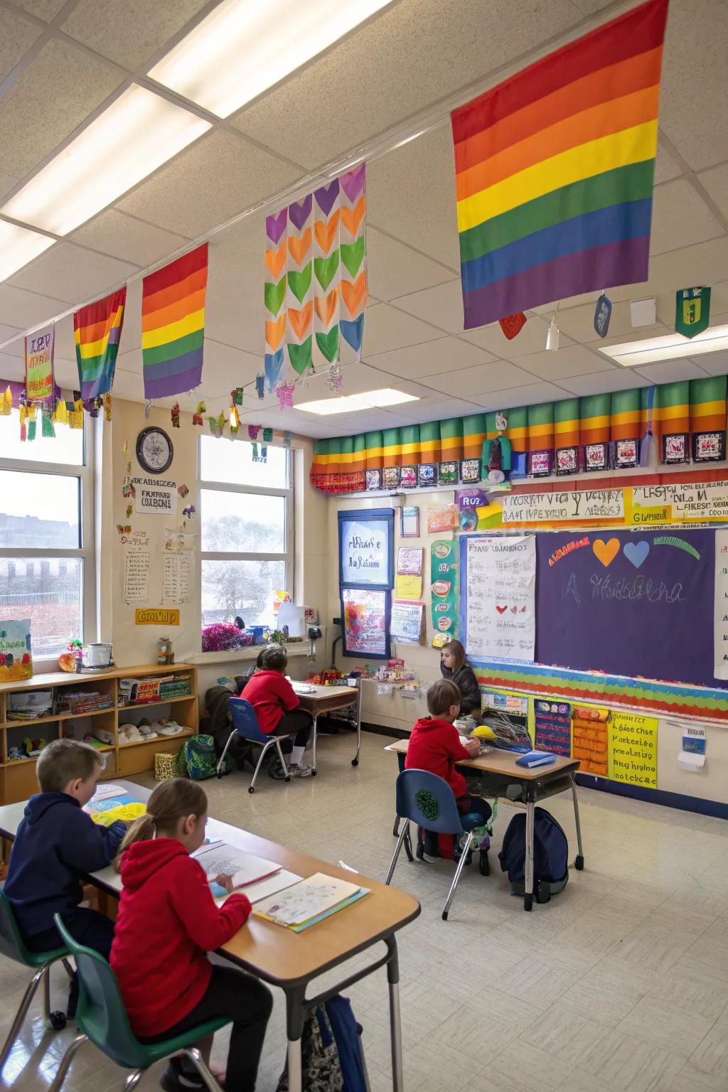 A third-grade classroom radiating with a vibrant rainbow theme