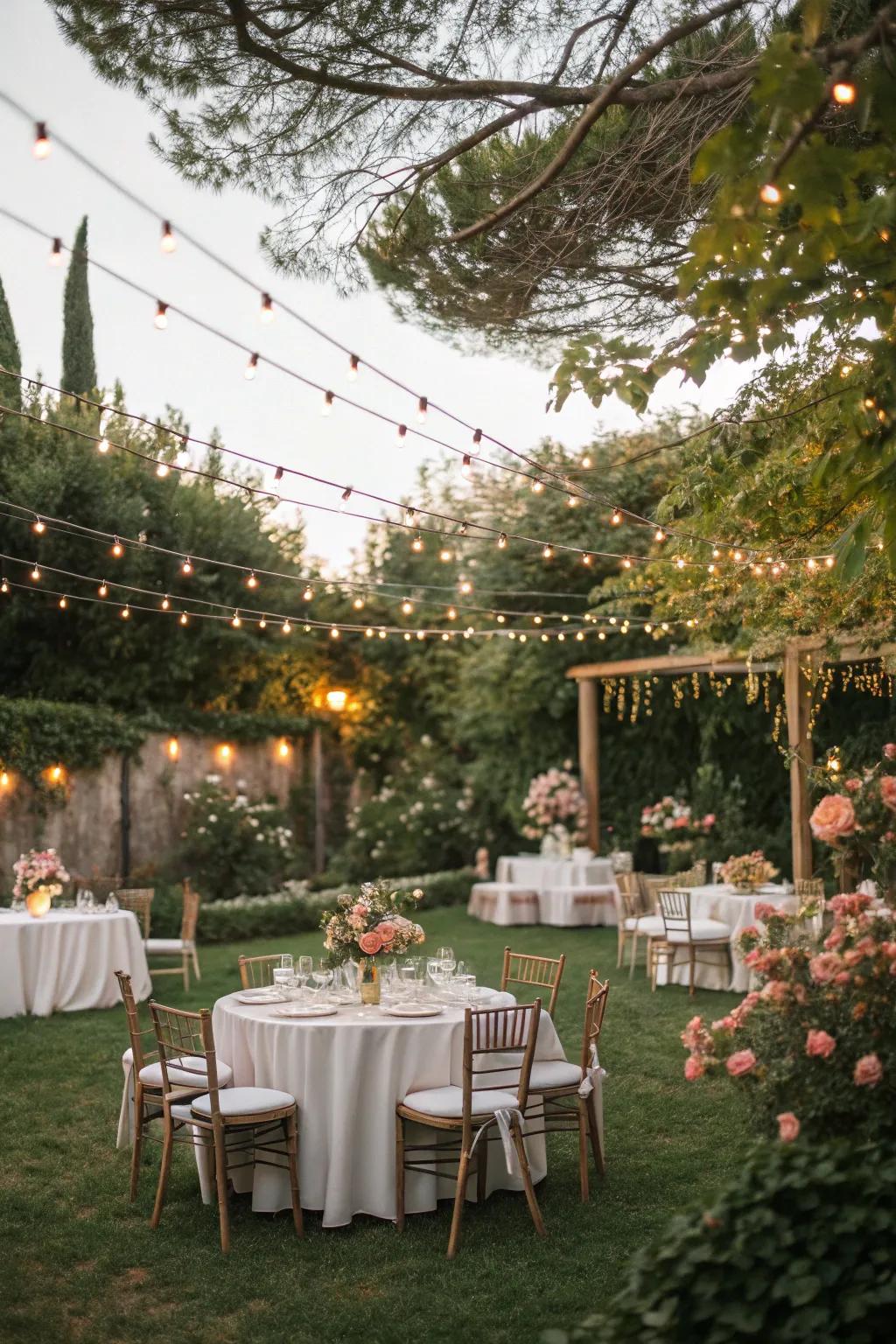 Throw an elegant garden celebration with graceful decor and ambient illumination.