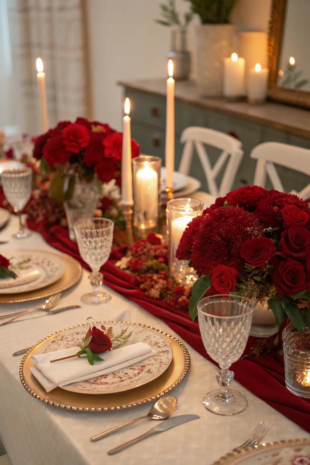 Ruby red floral centerpieces provide the perfect ambiance for a 40th anniversary.