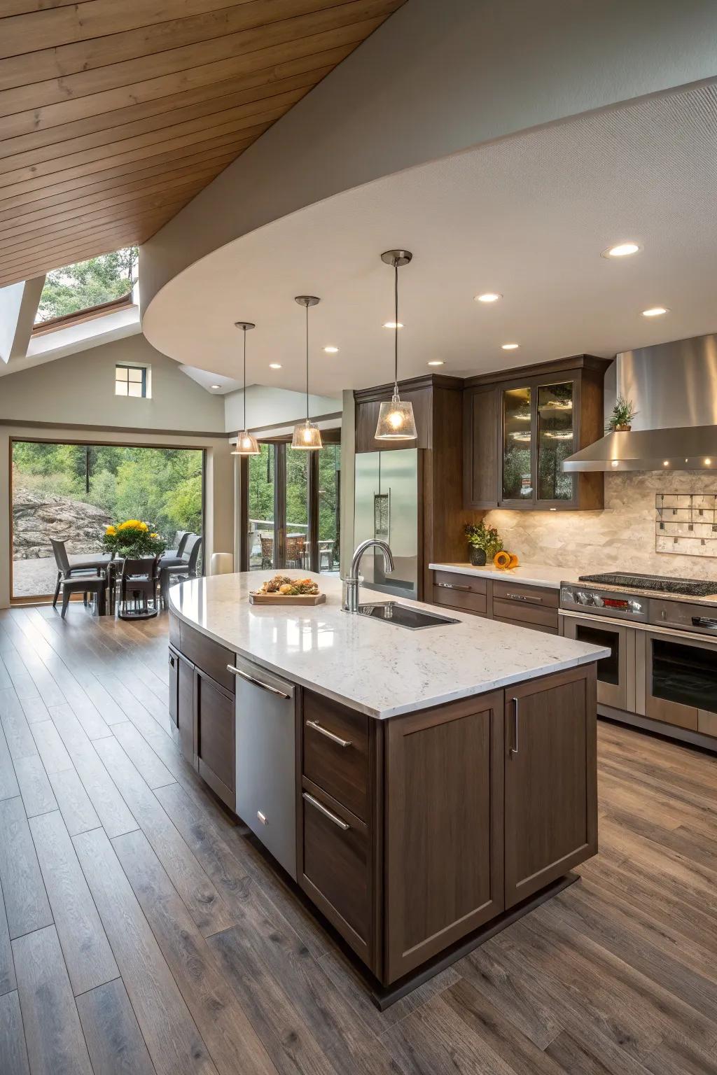 A 45-degree angled island elevates the kitchen's energetic flow and visual interest.