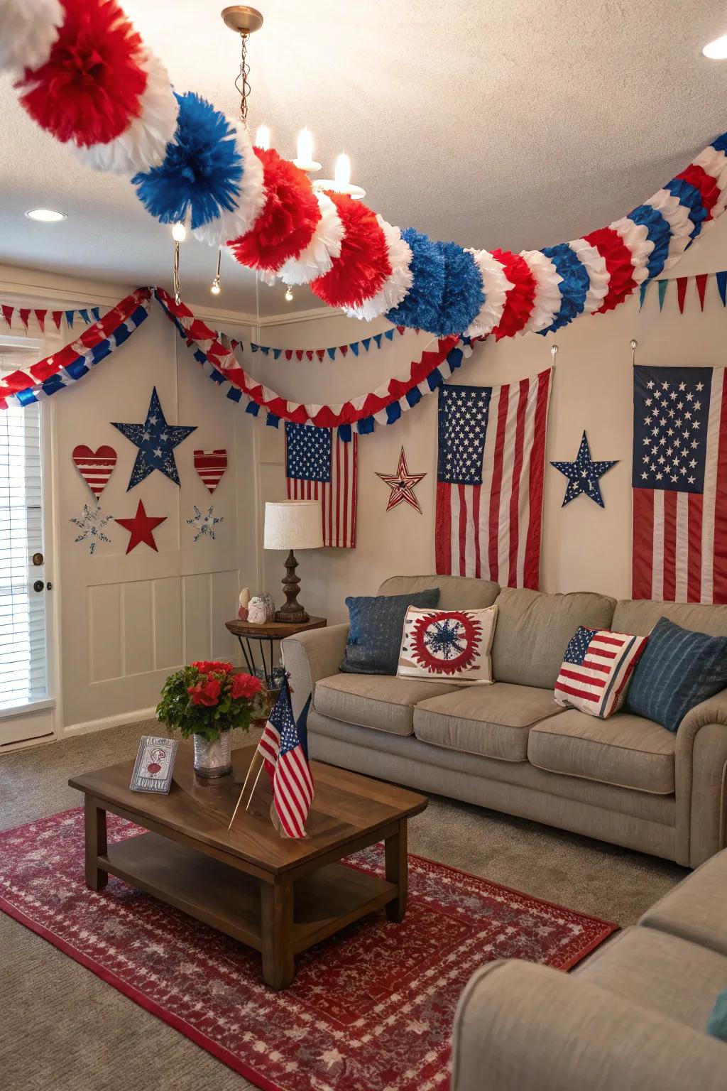 Hang vibrant streamers for a festive Independence Day ambiance.