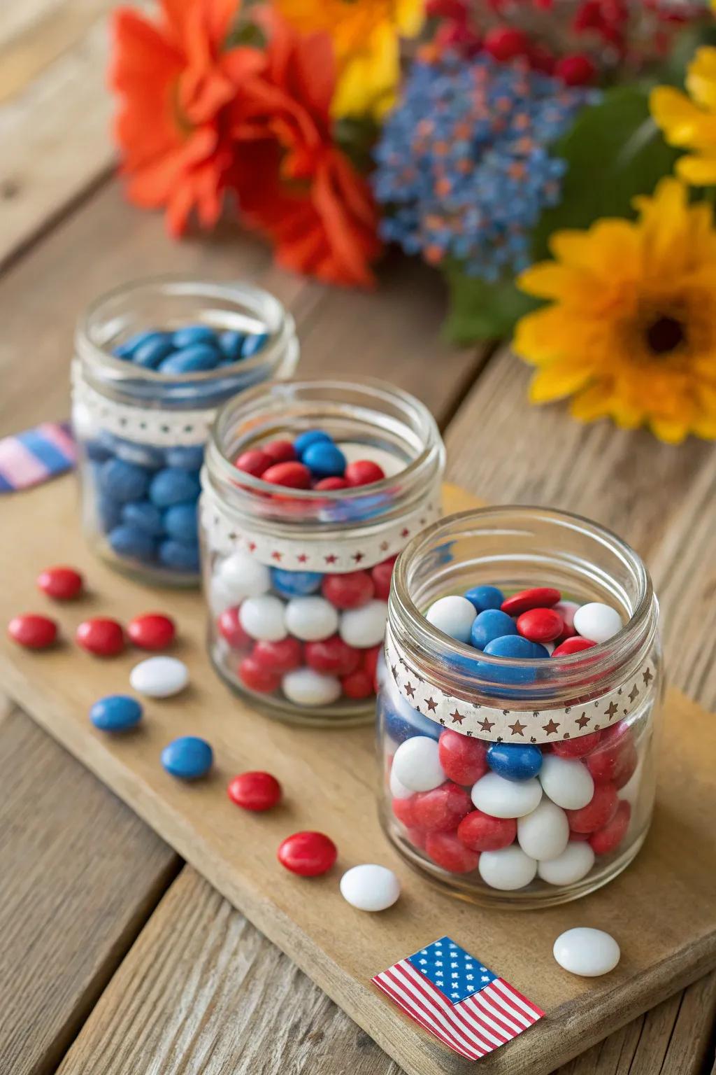 Mini glass jars packed with patriotic candies