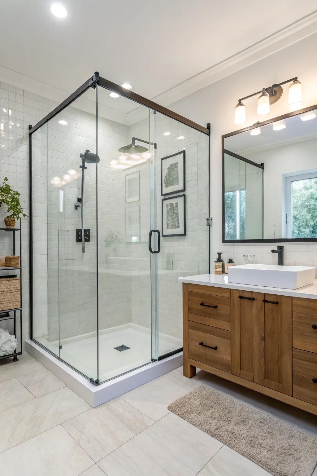 Borderless glass showers foster a feeling of spaciousness in smaller bathrooms.