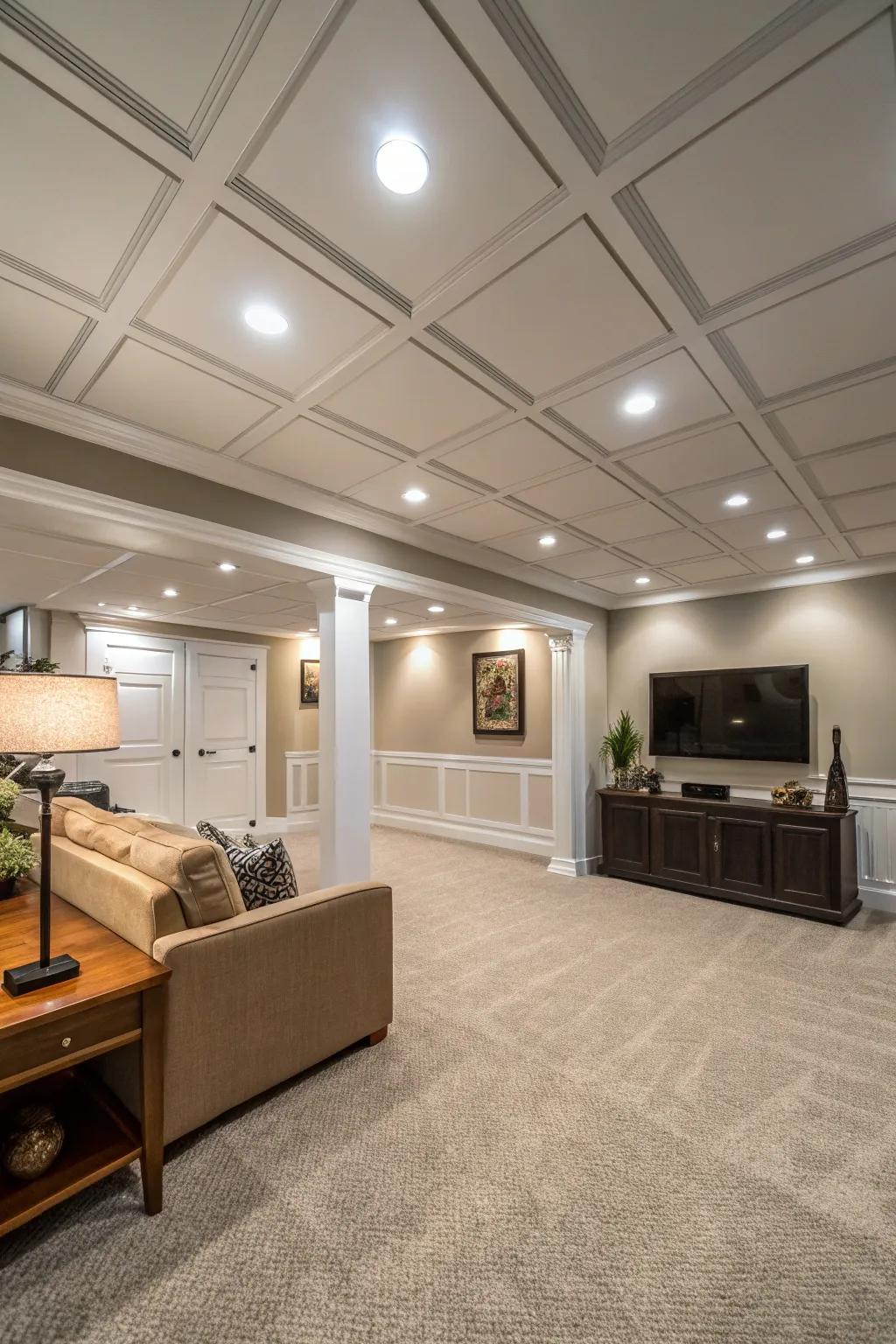 Recessed lighting improves the space without losing headroom.