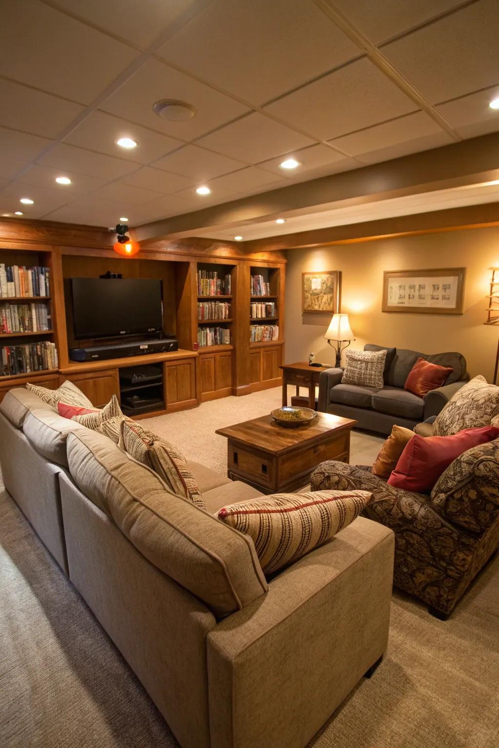 Design a cozy family room in your basement for memorable gatherings.
