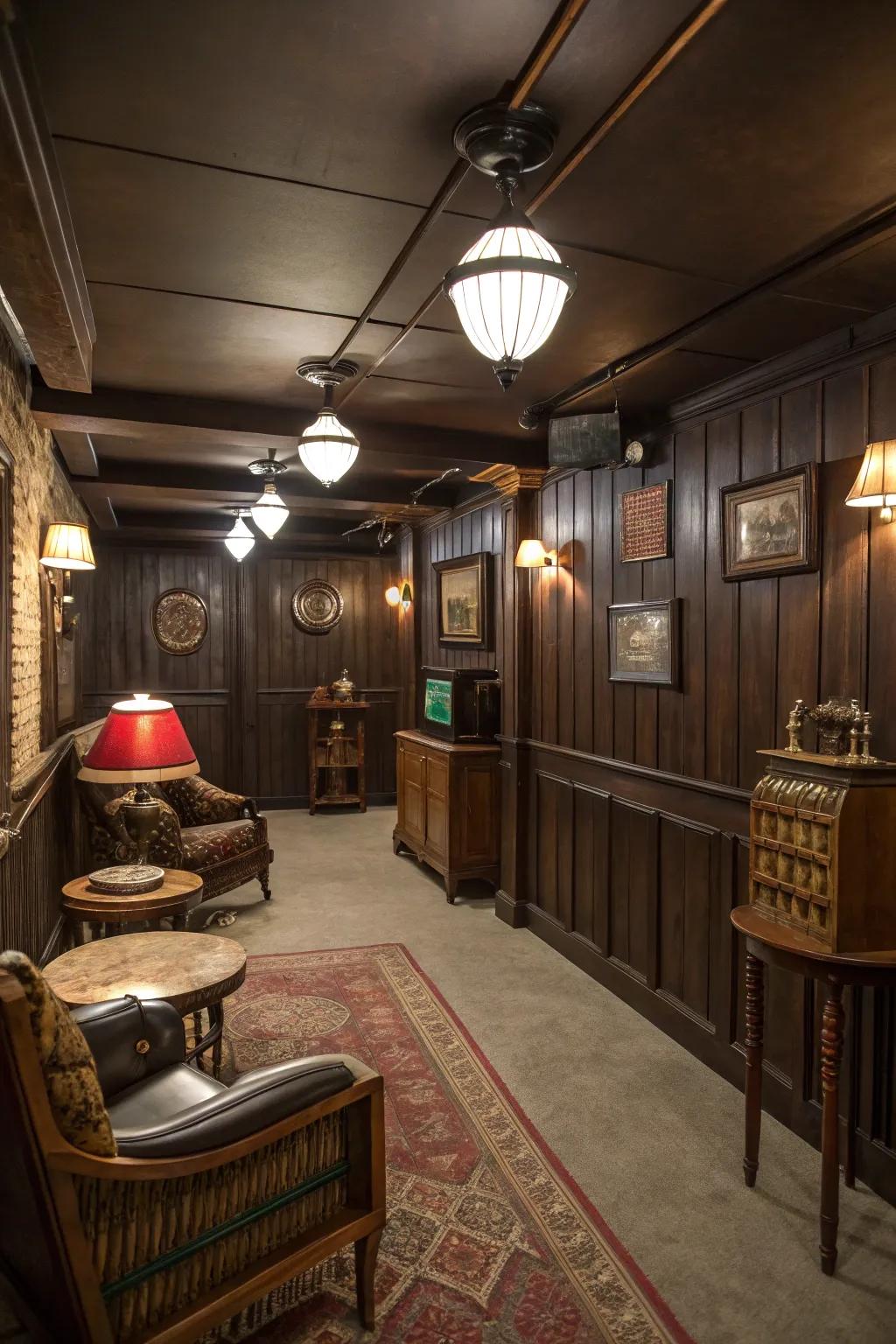 Wood paneling creates the perfect backdrop for a 70s-inspired basement.