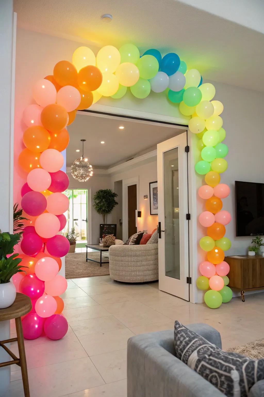 A luminous balloon archway introduces a lively vibe for an 80s-themed gathering.