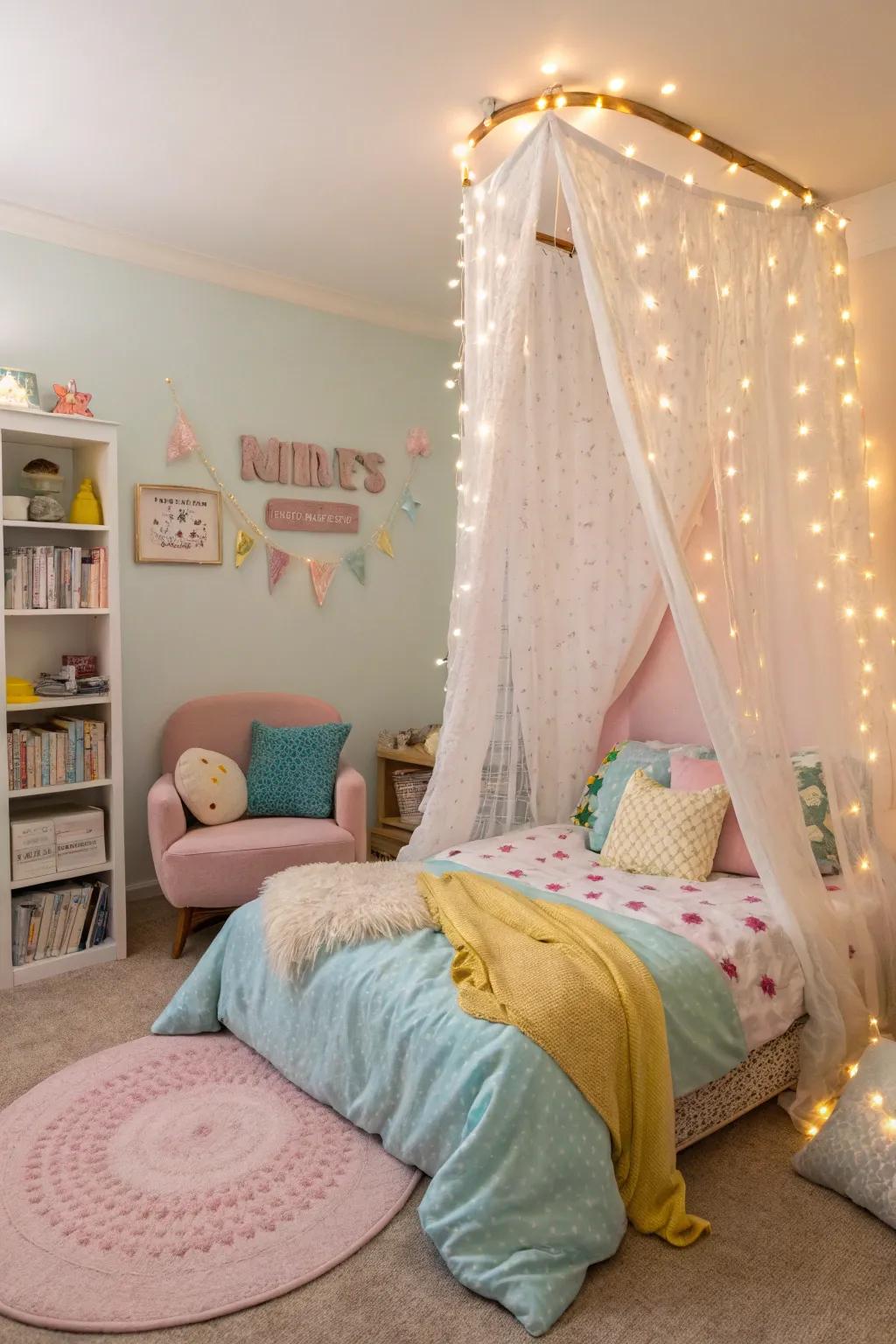 A magical canopy bed adorned with fairy lights, creating a cozy retreat.