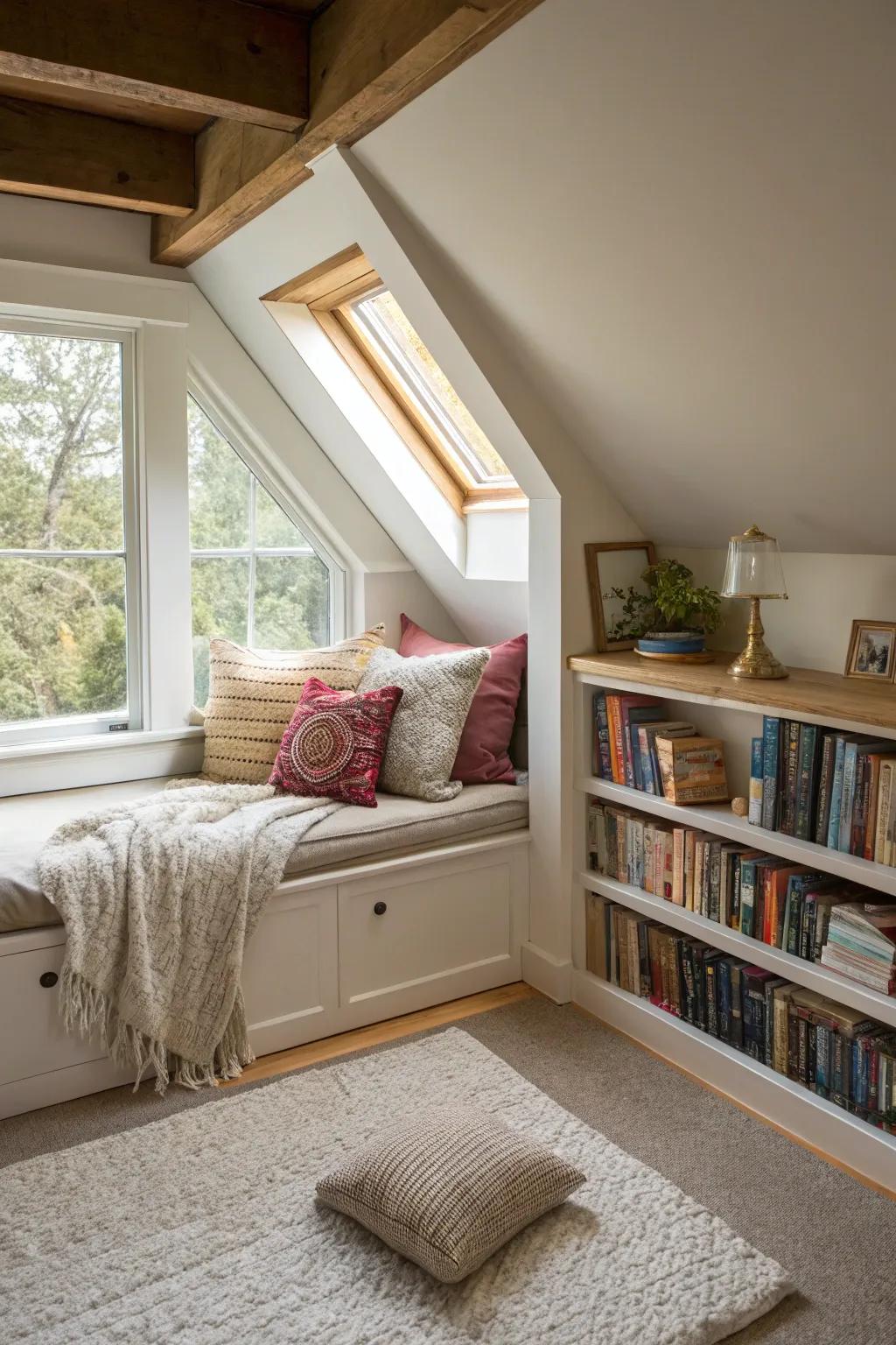 Design a cozy reading nook in your A-frame attic for the ultimate escape.