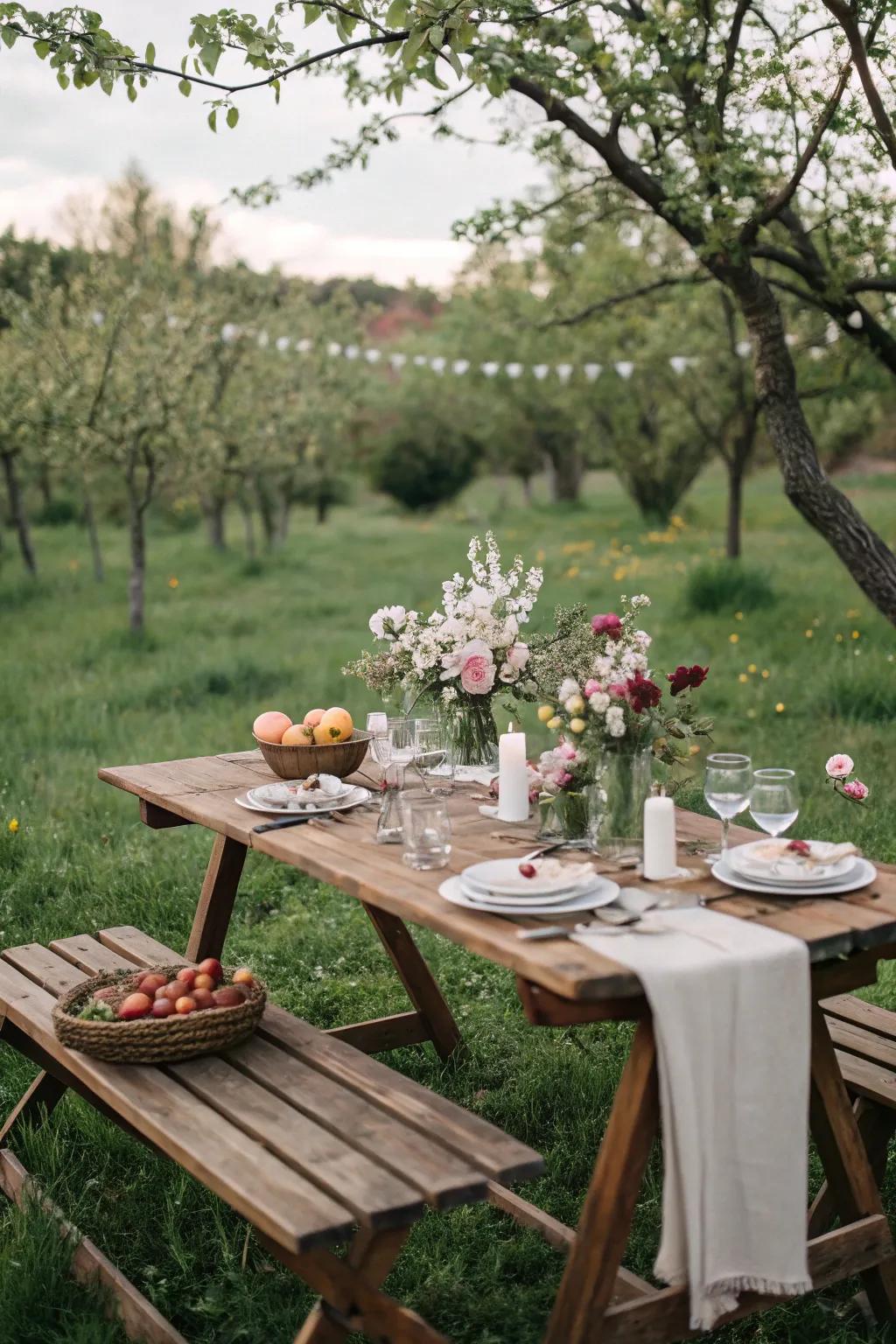 A beautifully arranged dining table set amidst a garden, prepared for guests.