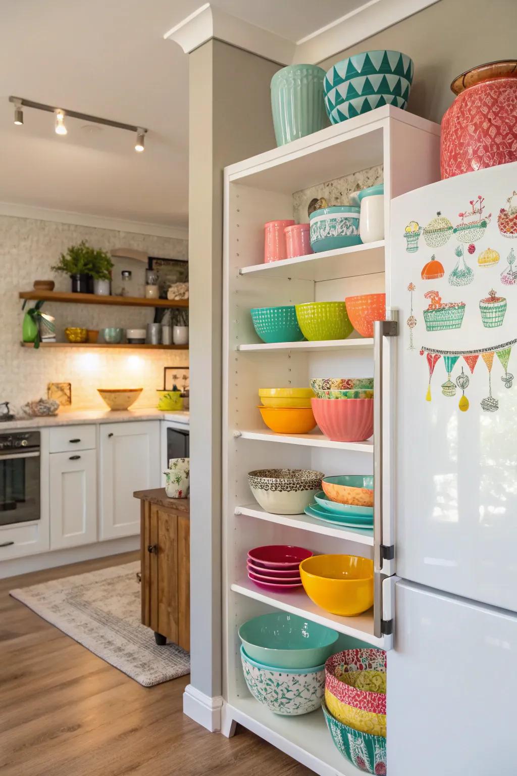 Open shelving offers an attractive and practical display over the fridge.