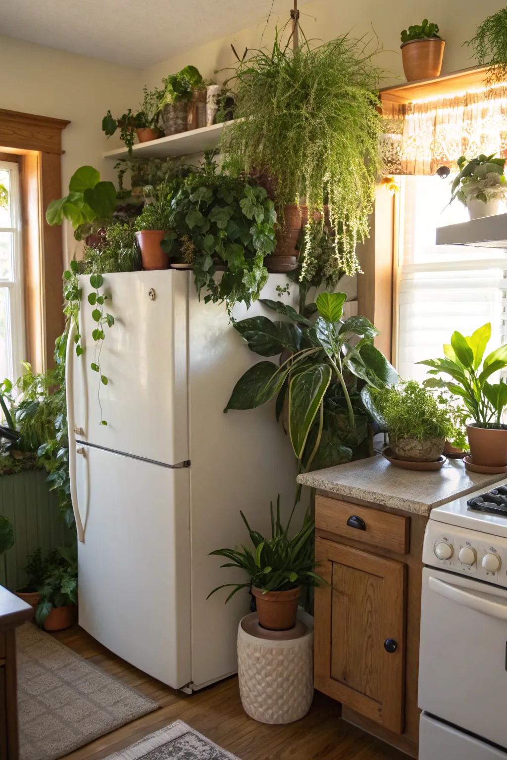 A vibrant display of potted flora adds a natural element to your kitchen.