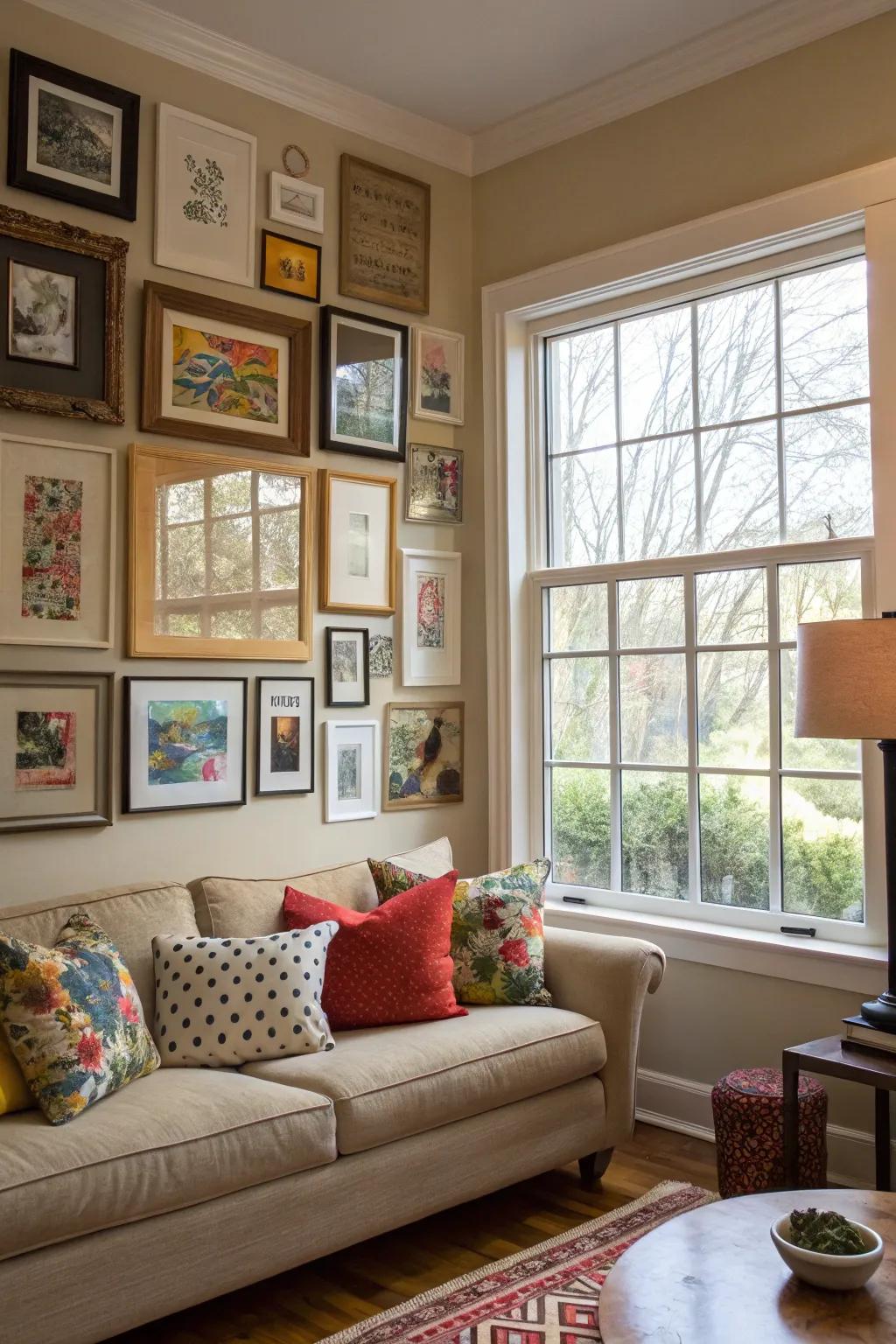 An art arrangement amplifies the room's character and perceived height.