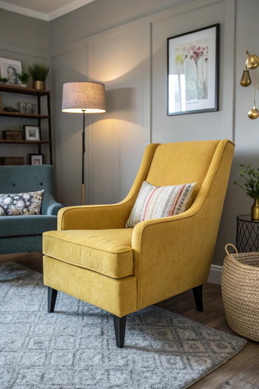 A marigold accent chair injects a burst of color into a neutral living space.
