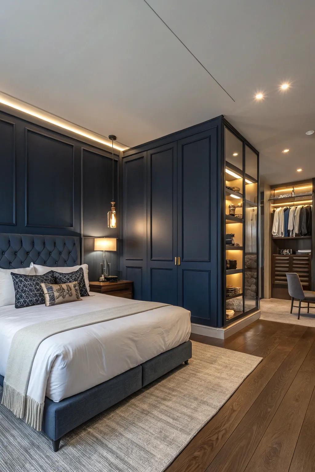 A deep navy accent wall infuses this cozy bedroom with depth and sophistication.