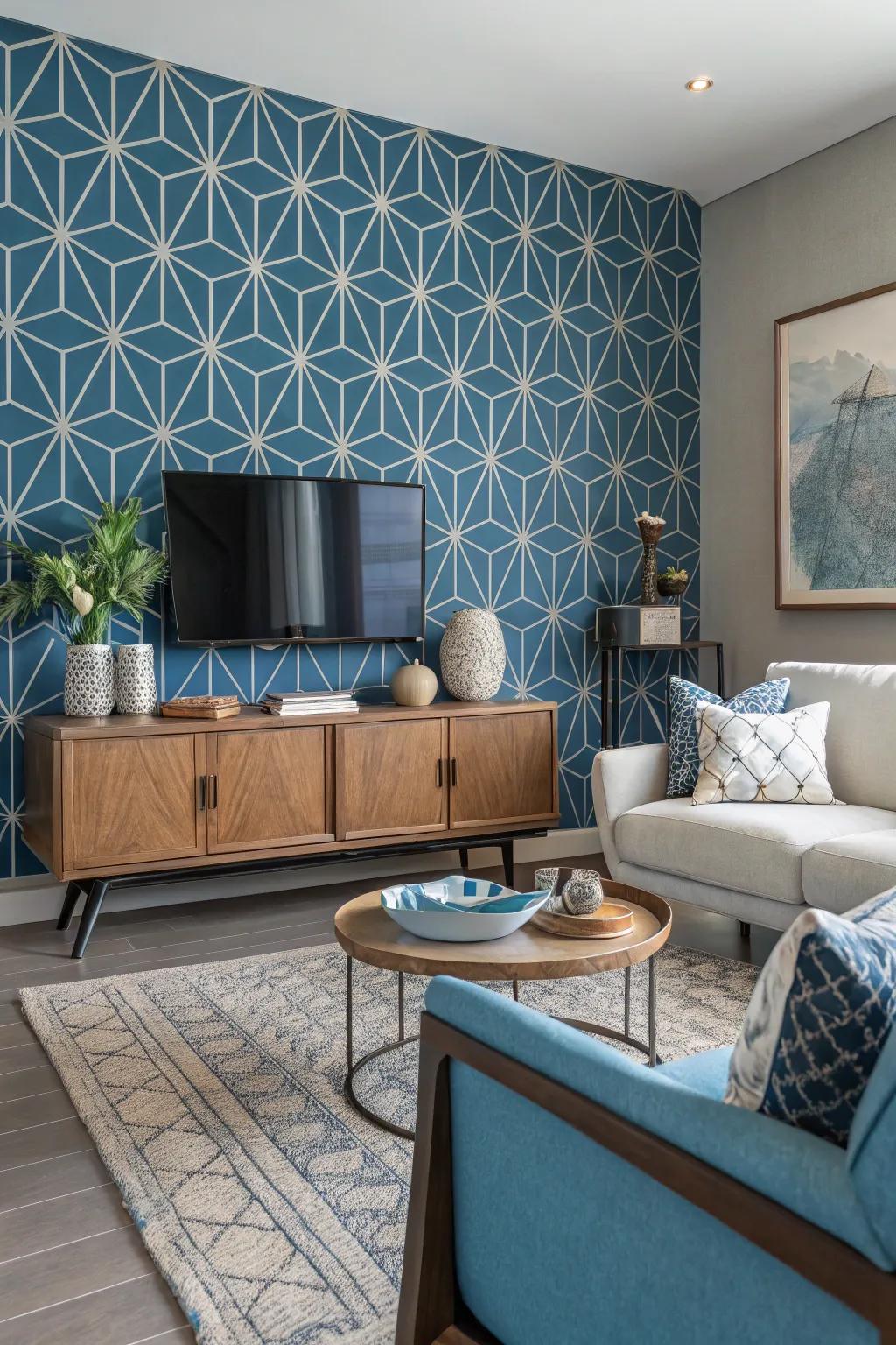 A fashionable geometric pattern accent wall enhances a modern living area.