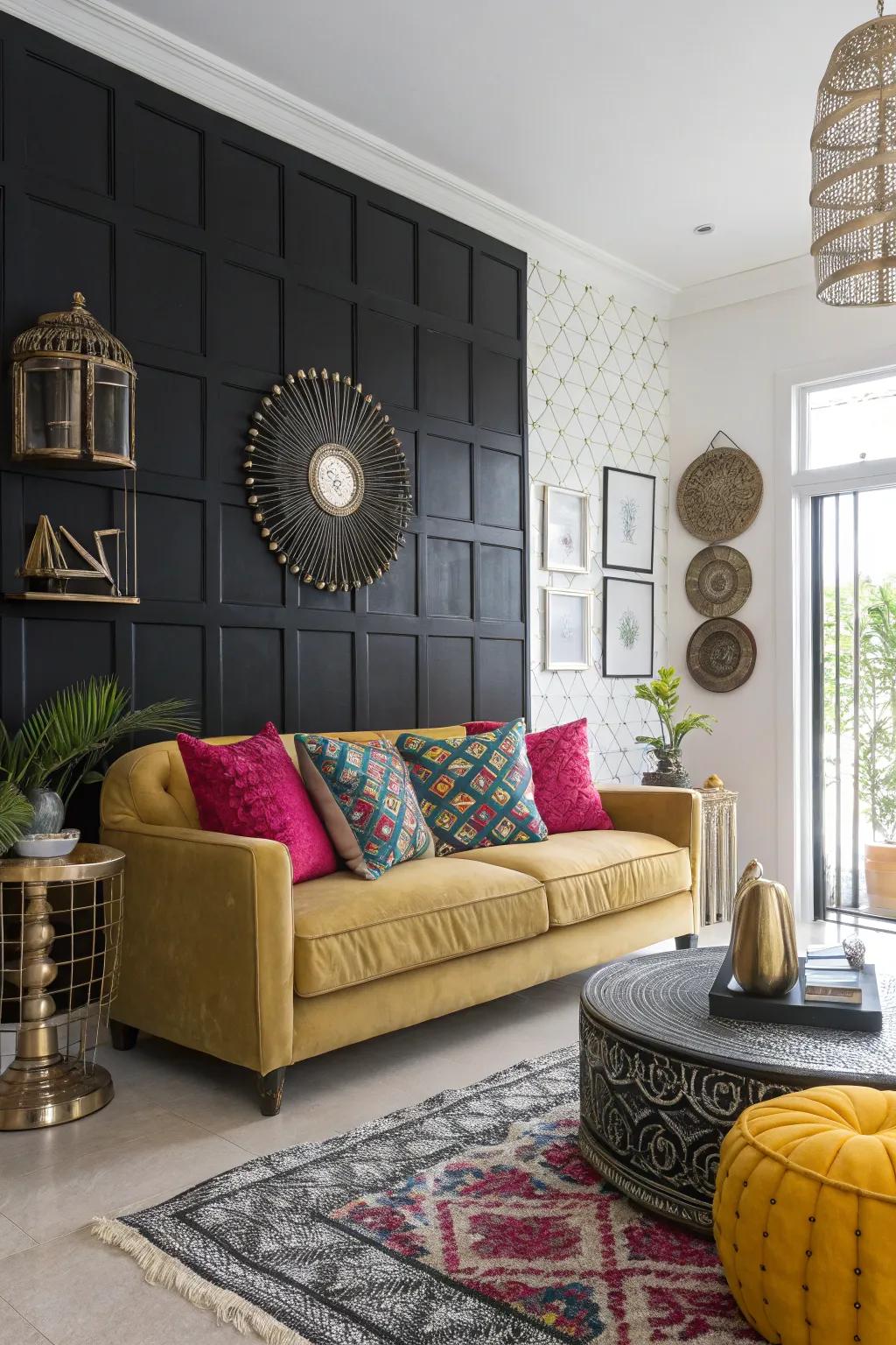 A modern living room with a black accent wall and vibrant decor.