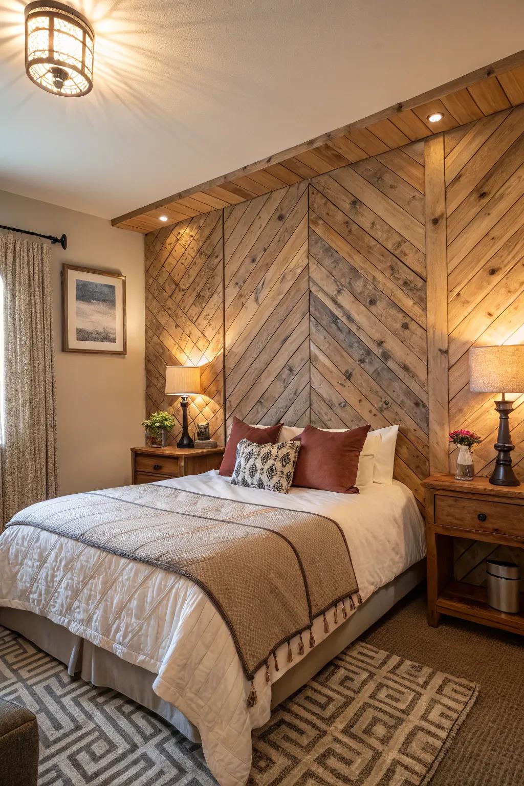 A master bedroom showcasing an accent wall adorned with textured wood panels.