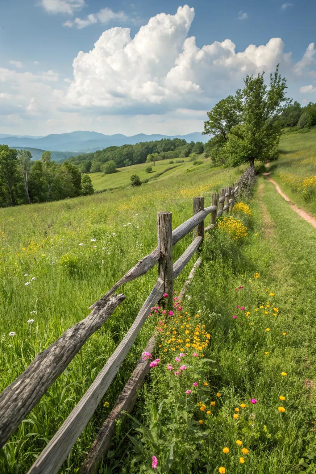 A classic timber fence brings countryside charm to any setting.