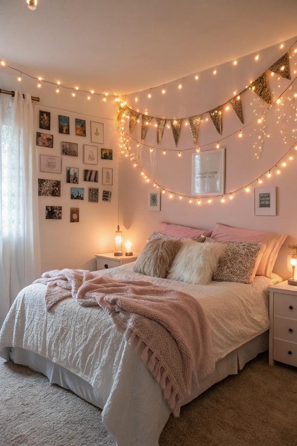 Bedroom coziness is enhanced by the warm glow of sparkle strands.