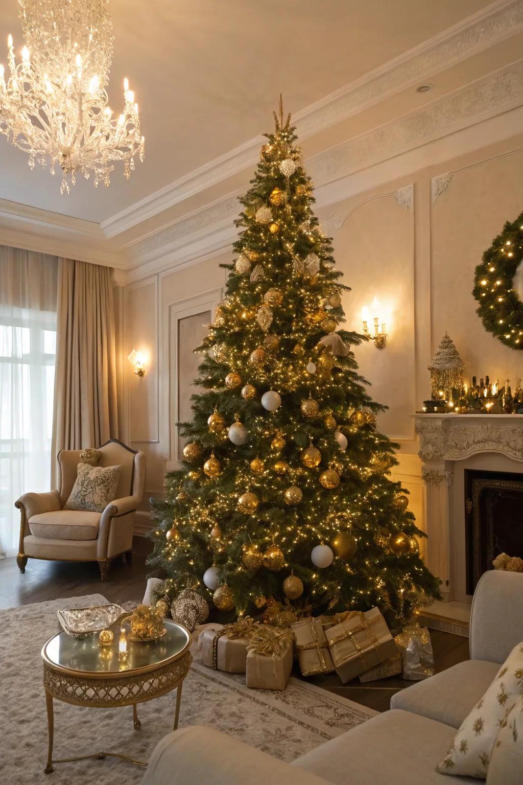 A Christmas tree exuding gilded elegance with gleaming ornaments and soft lighting.