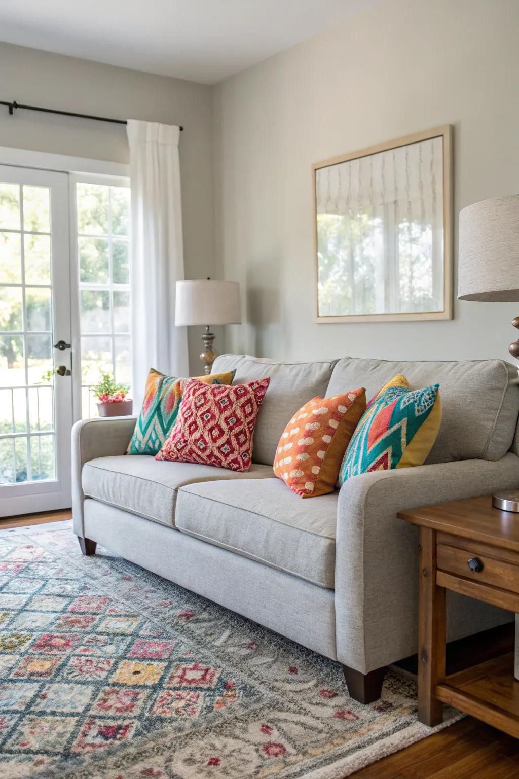 A peaceful living space showcasing a neutral color scheme with bright touches.