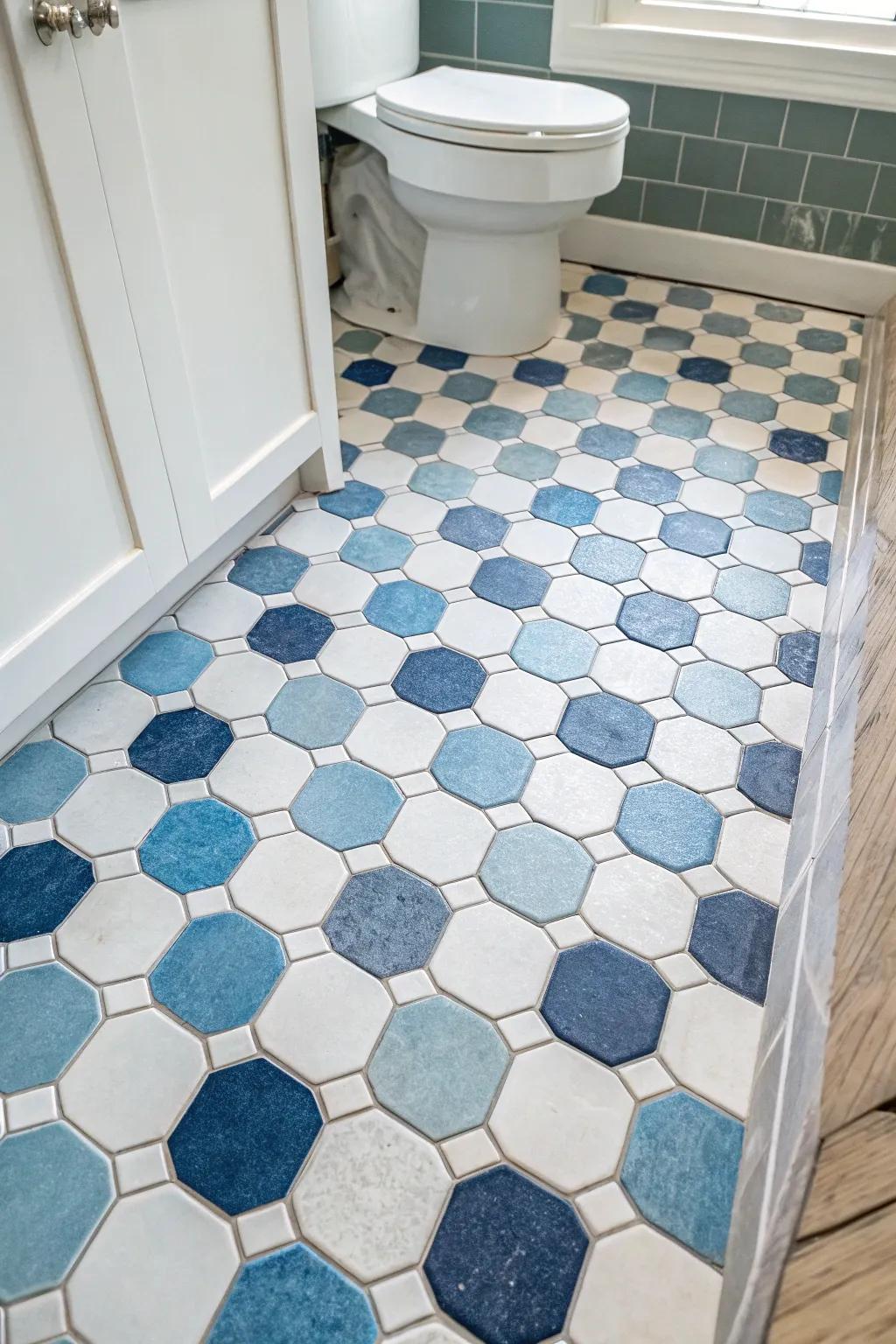 Six-sided tiles enhance any restroom's depth and aesthetic.