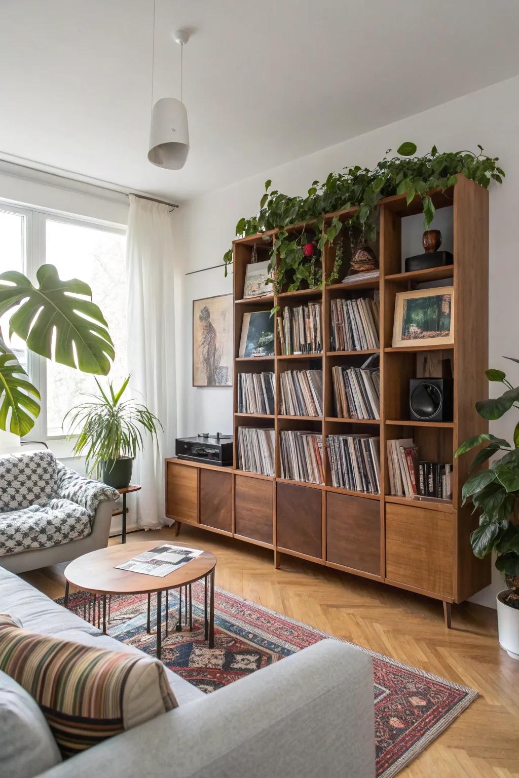 A contemporary shelving unit creatively showcasing vinyl records and decor.