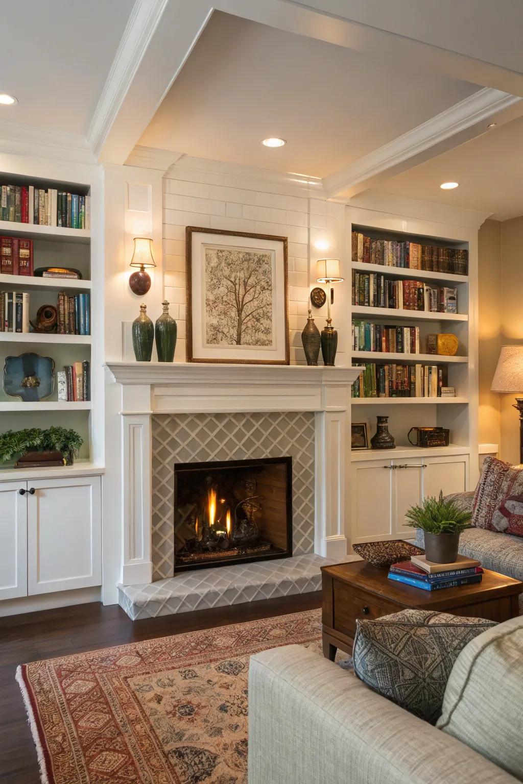 Enhance your fireplace by incorporating sophisticated alcove shelves.