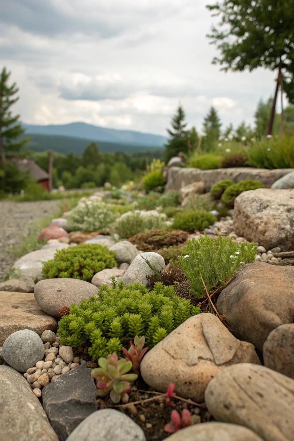 A balanced rock garden featuring stones and vibrant alpine flowers.
