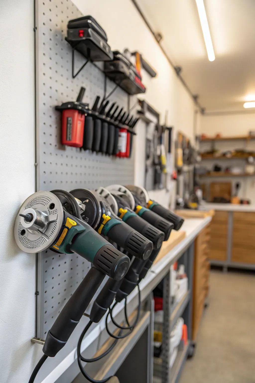 A metal wall-mounted rack provides a streamlined and functional storage solution for angle grinders.