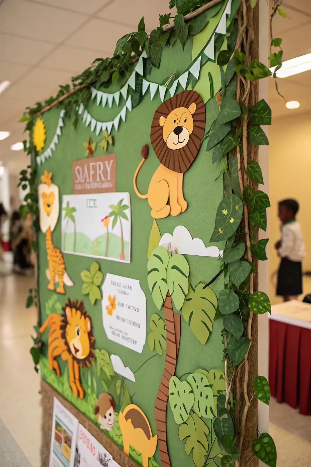 A jungle expedition with wild creatures emerging from lush foliage.