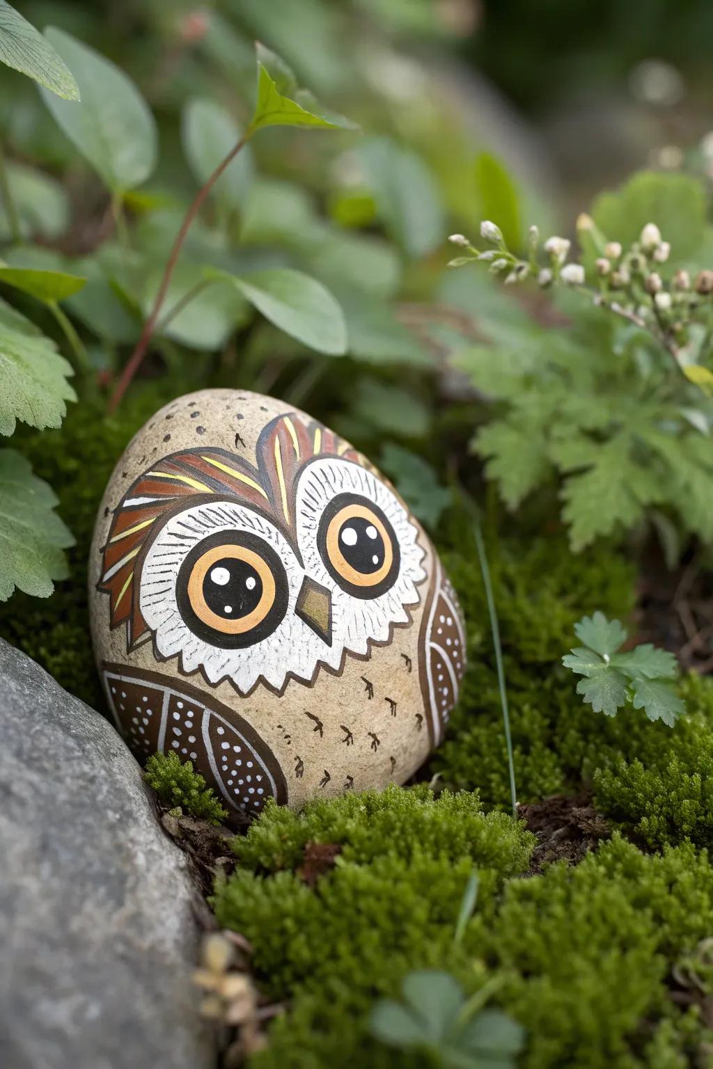 Embrace the enchantment of captivating owl visages painted on stones, bestowing a hint of wonder upon your garden.