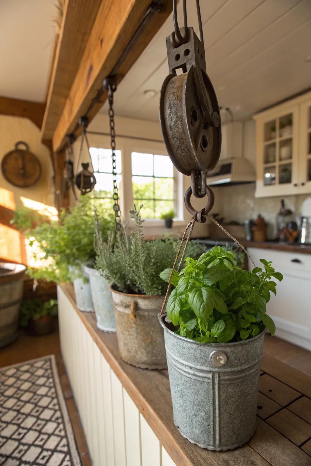 An elevated, pulley-operated herb collection infuses the kitchen with vitality and character.