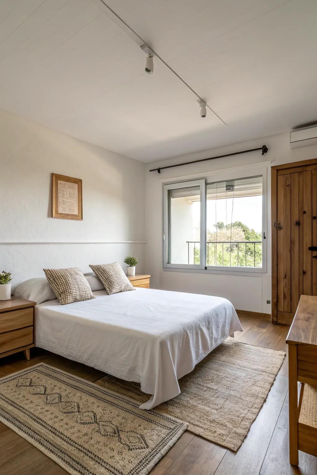 A minimalist apartment bedroom featuring sharp lines and an open, spacious feel.