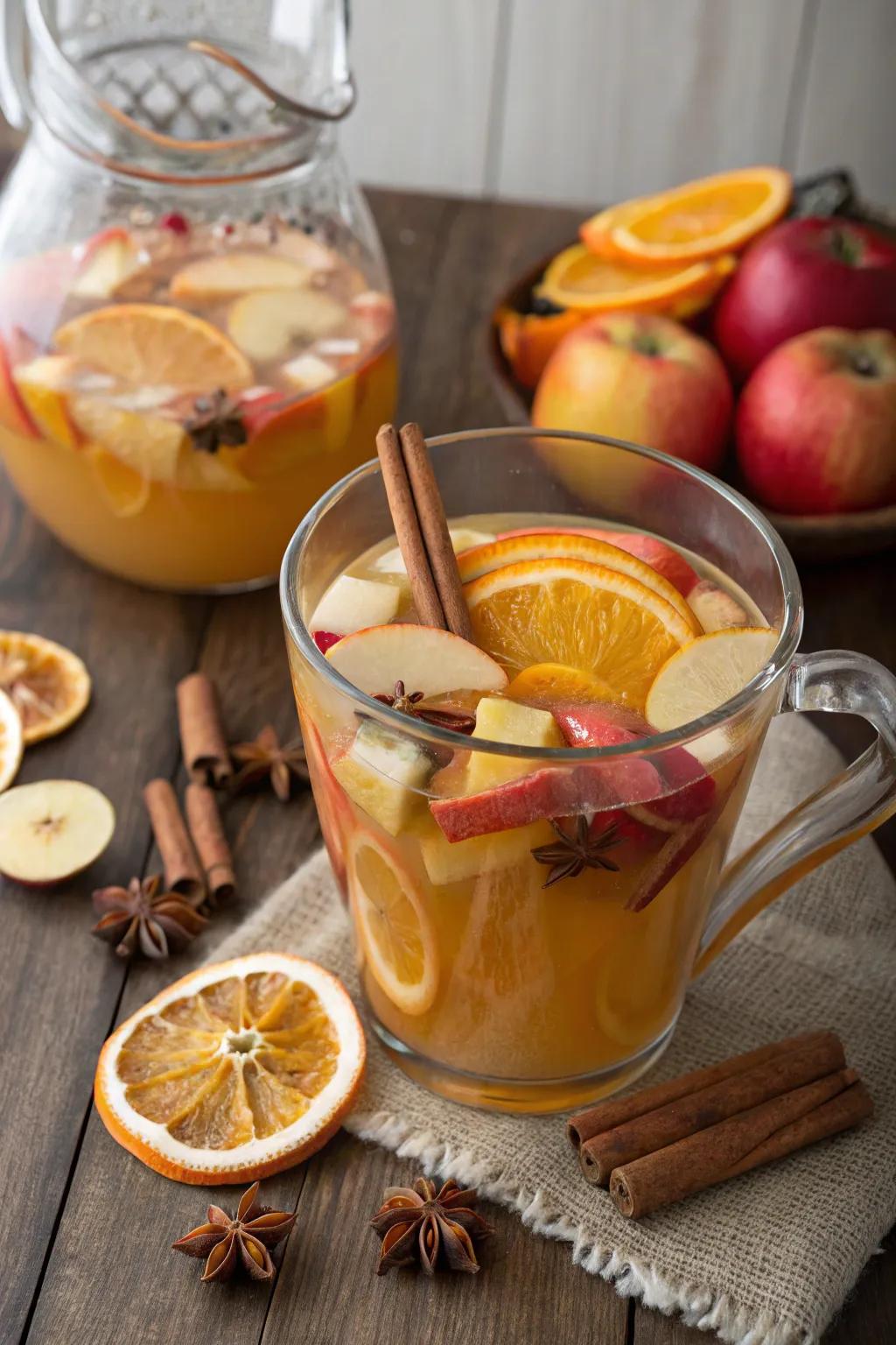 Classic apple cider punch adorned with vibrant garnishes.