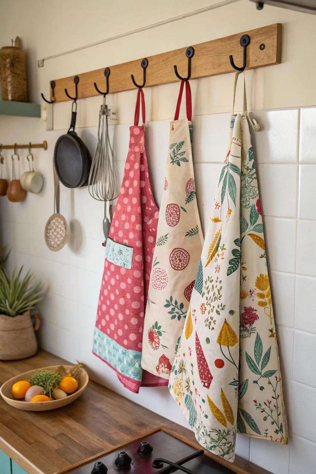 Employ elegant wall-mounted hangers to compose a fashionable apron exhibition.