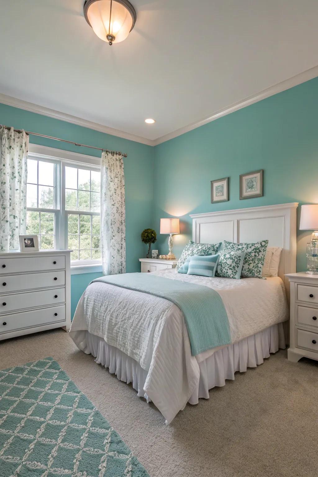 Aqua blue walls craft a serene bedroom atmosphere.