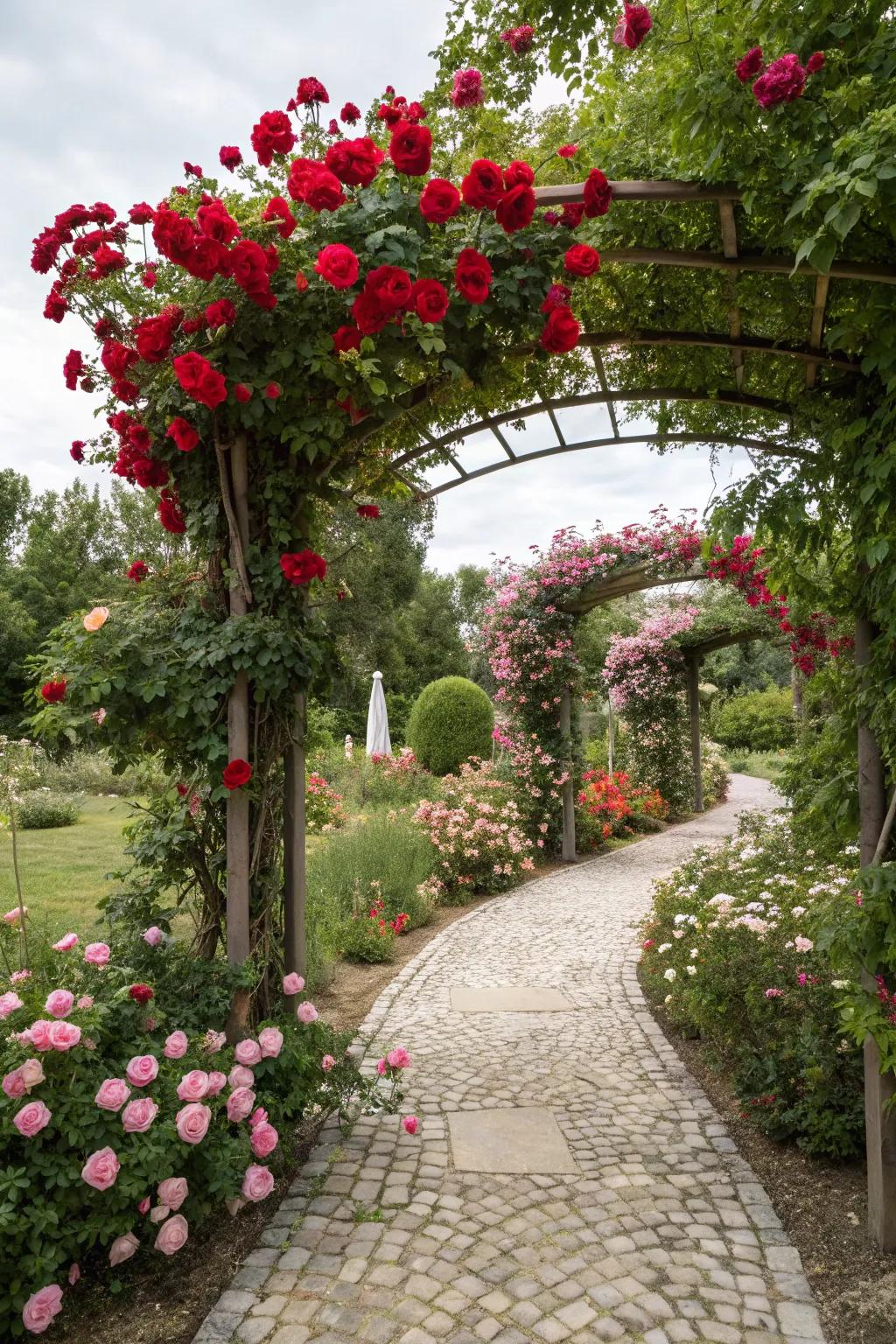 A rose-draped pergola provides an ethereal, romantic portal to the garden.