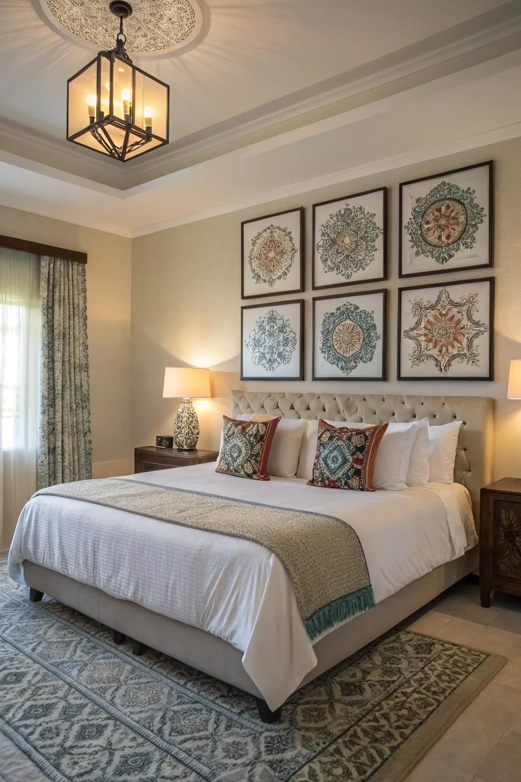 Achieve serenity through balanced art arrangements above your resting place.
